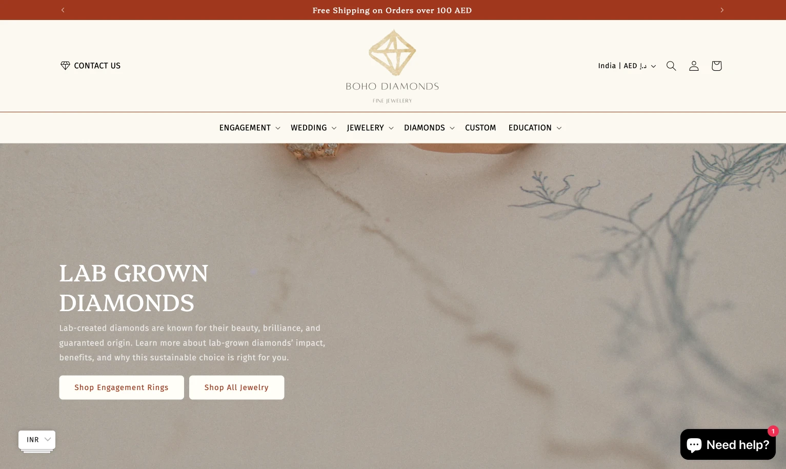 Boho Diamonds ecommerce homepage shown on desktop