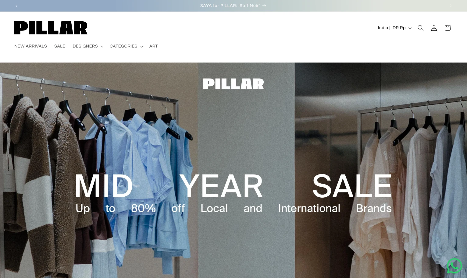 PILLAR luxury fashion ecommerce homepage shown on desktop