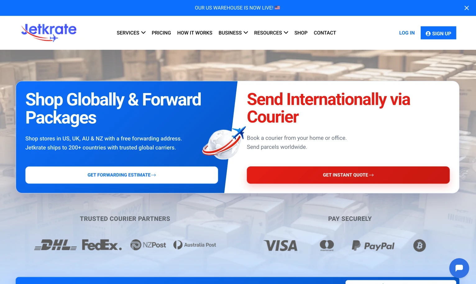 Jetkrate homepage hero showing package forwarding and courier booking