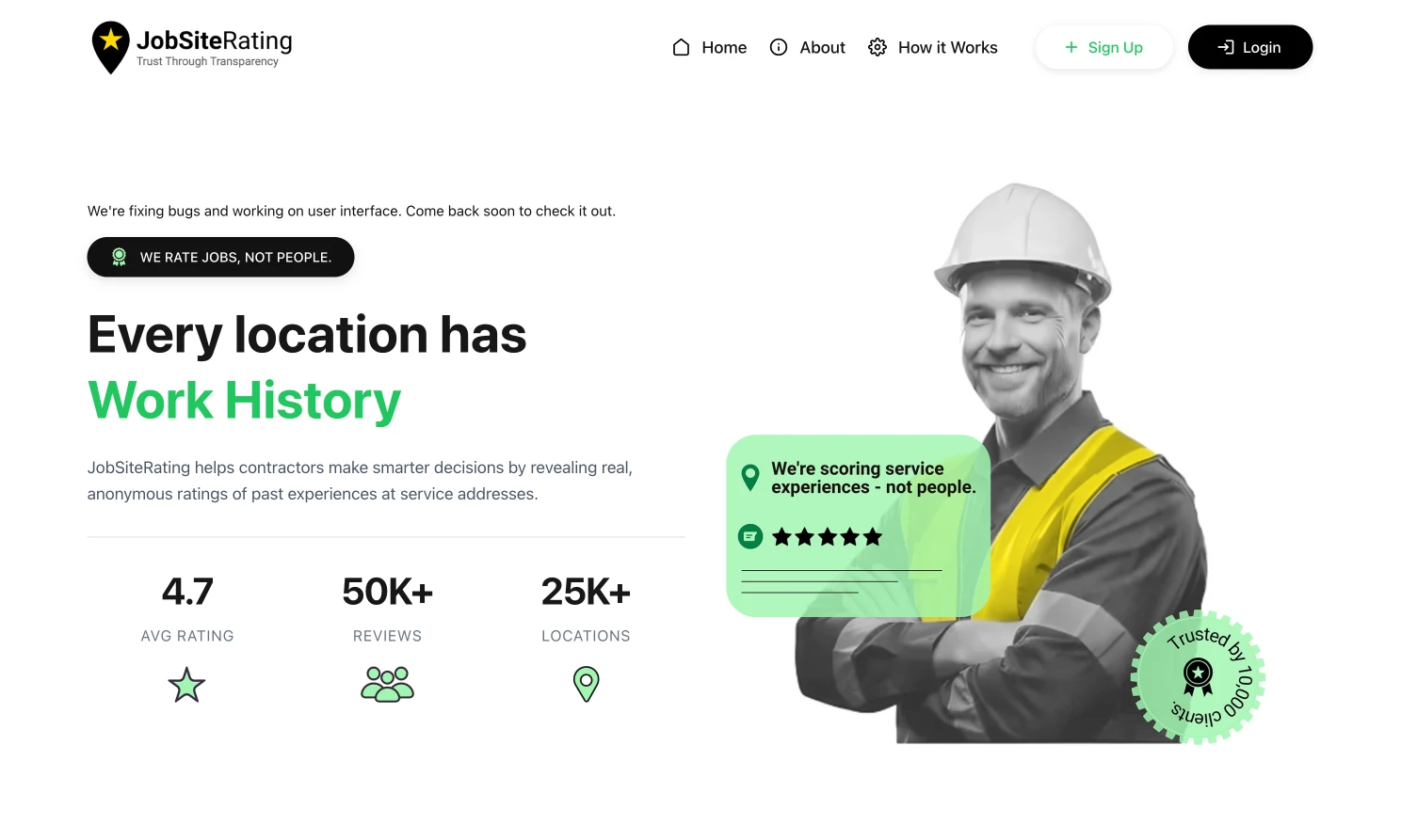 JobSiteRating platform homepage shown on desktop
