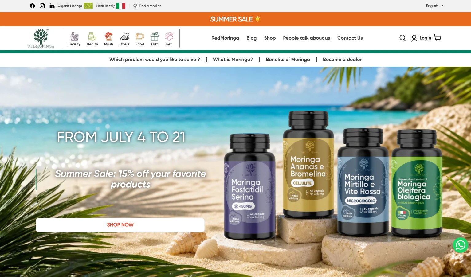 RedMoringa ecommerce homepage shown on desktop