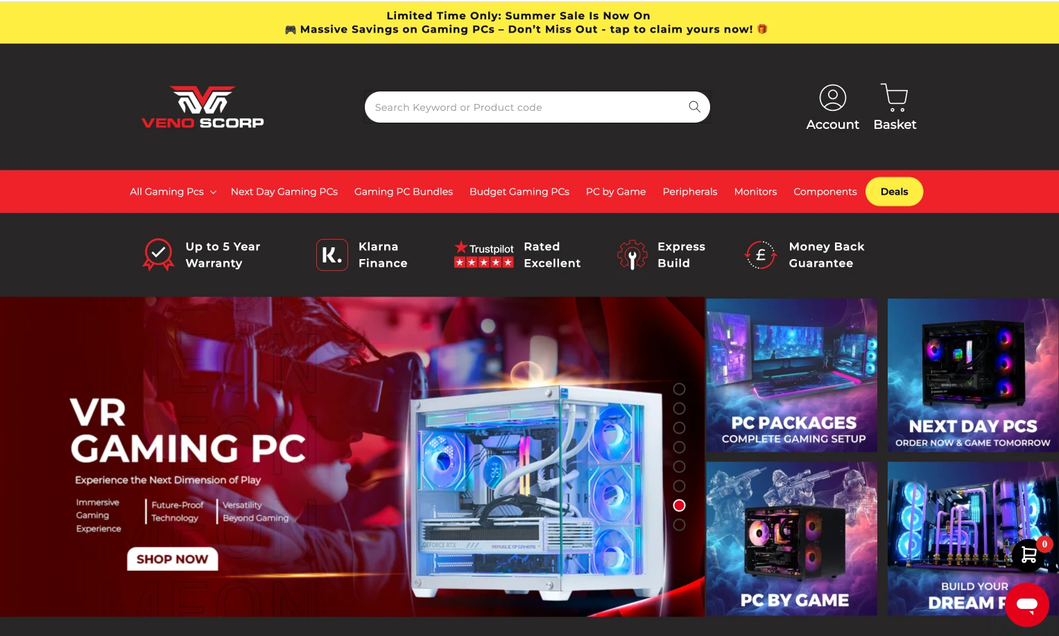 Veno Scorp UK ecommerce homepage shown on desktop