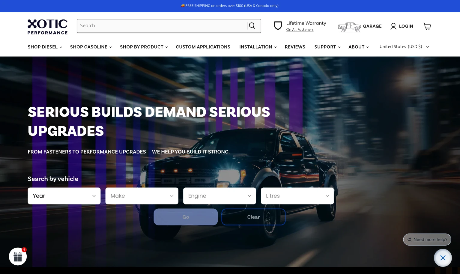 Xotic Performance storefront homepage shown on desktop